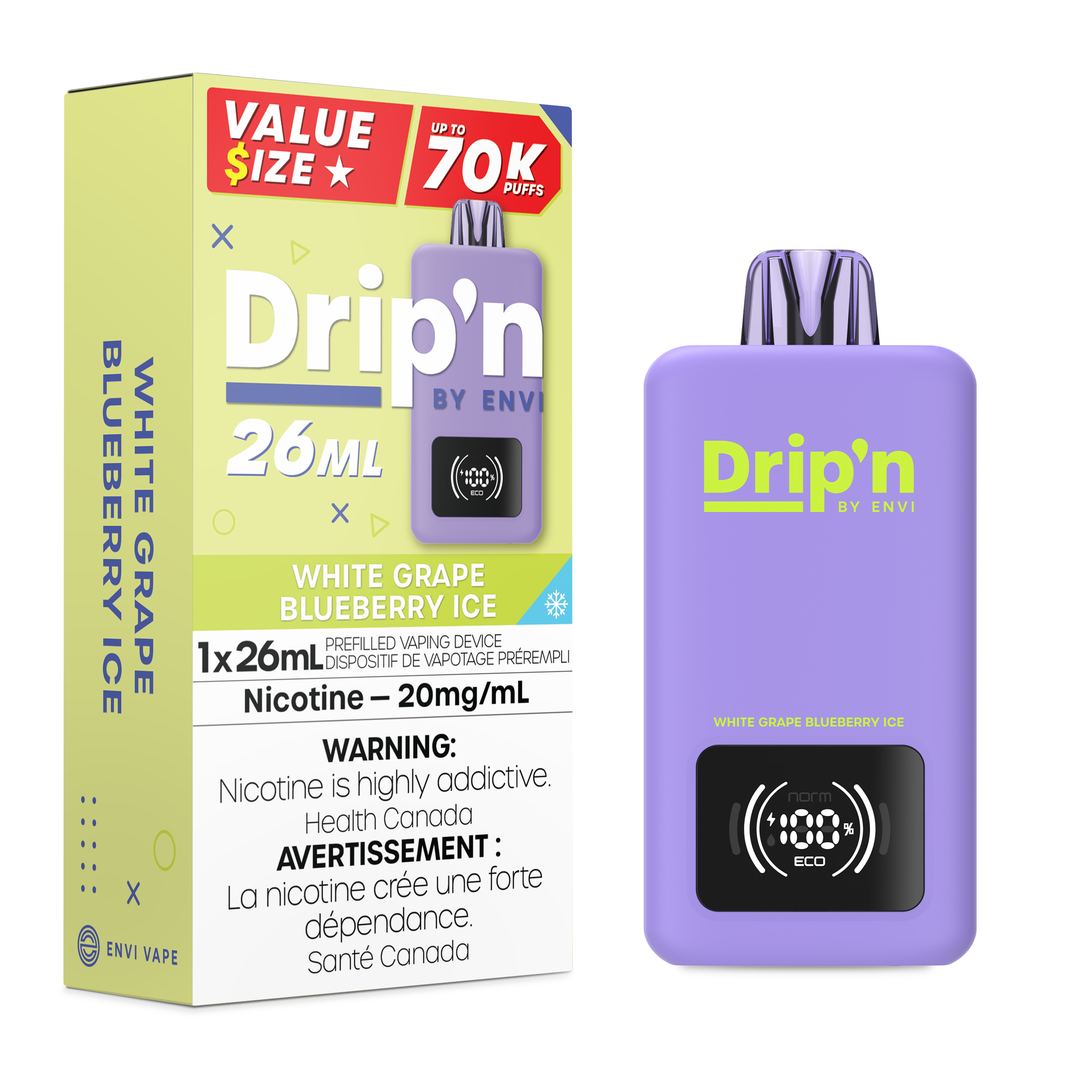 Drip'n by Envi 70K 26ML Disposable White Grape Blueberry Ice